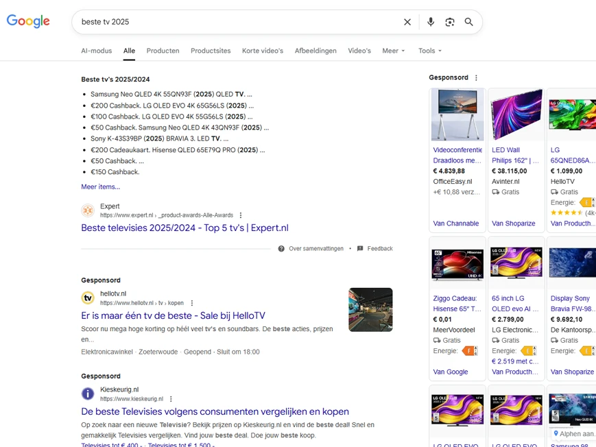 Commercieel onderzoek zoekintentie voor 'beste tv 2025'