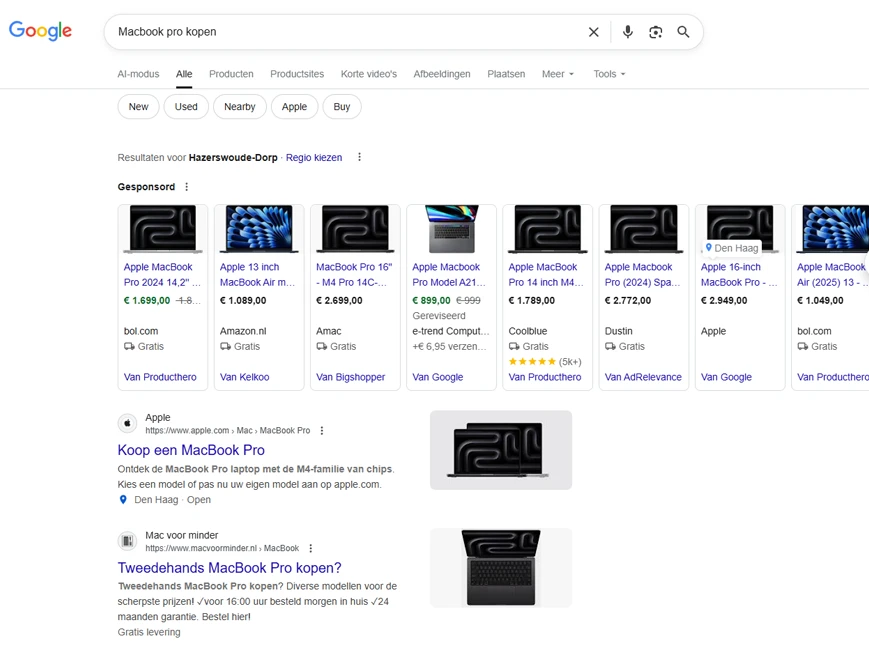 Transactionele zoekintentie voor Macbook pro kopen