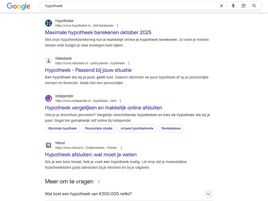 zoekintentie-serp-hypotheek De zoekintentie in de zoekresultaten voor 'hypotheek'